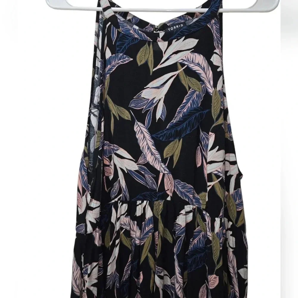Torrid Black Palm Leaf High Neck Dress Tropical Days Sleeveless Keyhole Size 1 - Picture 4 of 6